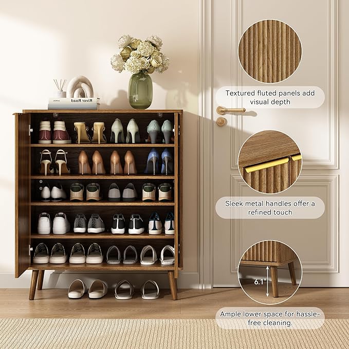 Fluted Shoe Cabinet with Doors, 5-Tier Shoe Storage Cabinet with Adjustable Shelves, Wooden Freestanding Shoe Organizer Shoe Cabinet for Entryway,Hallway,Living Room, Natural Oak