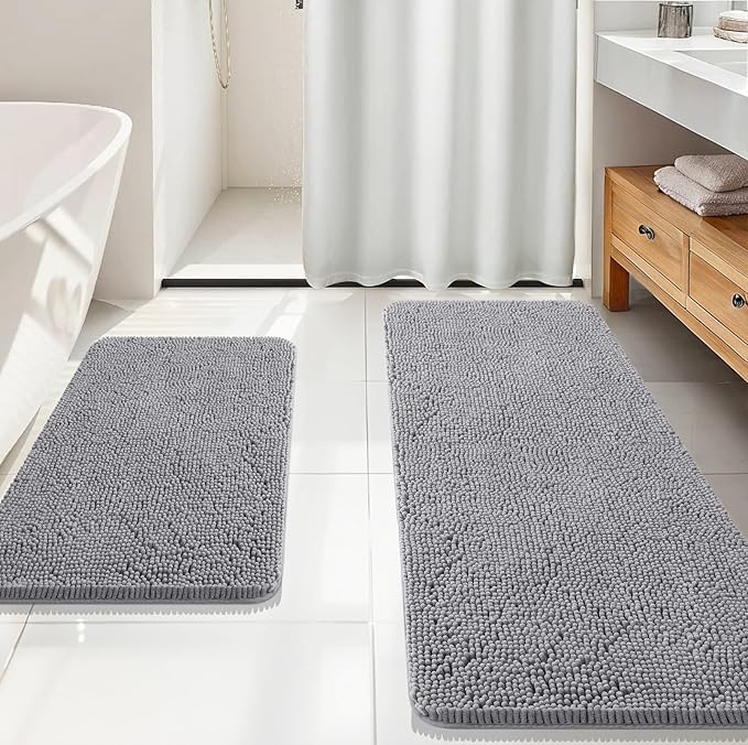 OLANLY Bathroom Rugs Sets 2 Piece, Soft Absorbent Chenille Bath Mats Area Rug Set, Non-Slip, Quick Dry, Machine Washable Bath Mats for Bathroom, Home Decor Accessories (59"x20"+30"x20", Grey)
