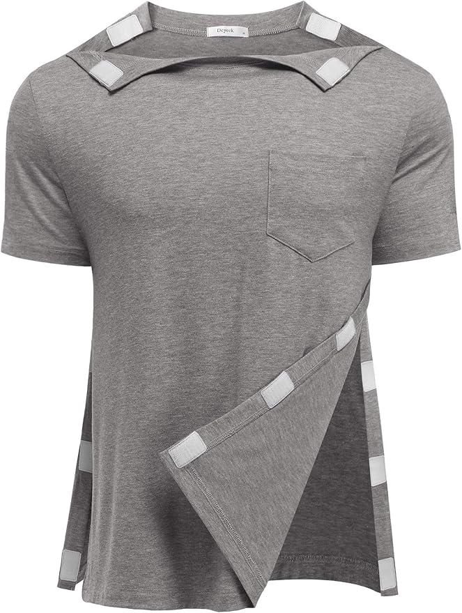 Deyeek Shoulder Post Surgery Recovery Shirts for Men Full Tear Away Short Sleeve T Shirt Adaptive Chemo Clothing