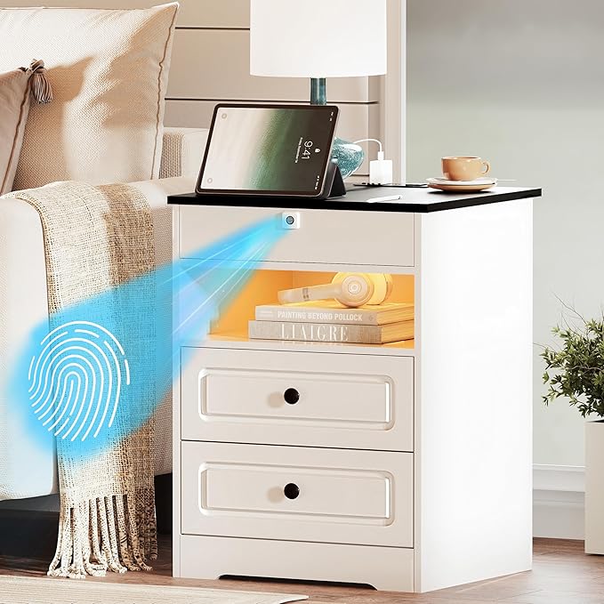Night Stand with Charging Station,Bedside Table with Gun Drawer,Farmhouse End Table and Nightstand,Small SideTable for Bedroom (White-with Gun Drawer, 1-Pcs)