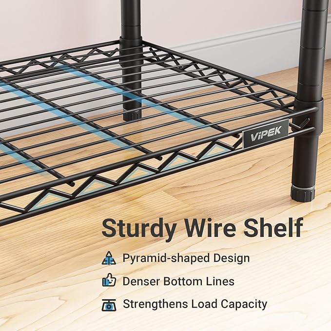 VIPEK R3 Medium Rolling Clothes Racks with Lockable Wheels, Heavy Duty Garment Rack with Adjustable Shelves & Hanging Rod & Side Hooks, Compact Space-Saving Storage for Small Apartments/Dorms (Black)