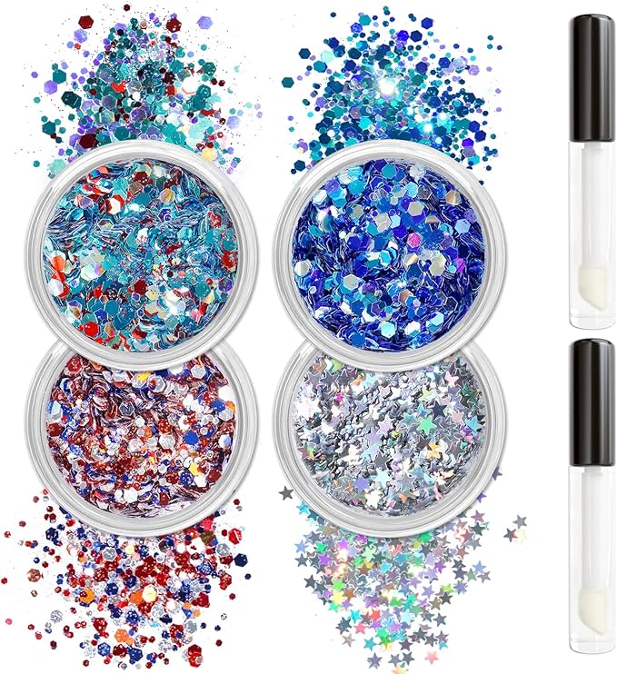 Allstarry Chunky Body Glitter 4 Colors Cosmetic Patriotic Face Glitter Veterans Day Eye Flakes Independence Day Hair Sequins Sparkle 4th of July Accessories for Women Face Paint Makeup Nails Art