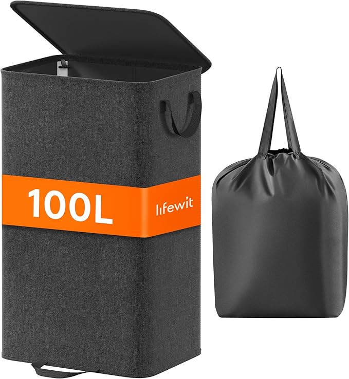 Lifewit Laundry Hamper with Lid and Removable Laundry Bag, Large Collapsible 1 Divider Dirty Clothes Basket with Handles for Bedroom, Laundry Room, Closet, Bathroom, College, 100L Black