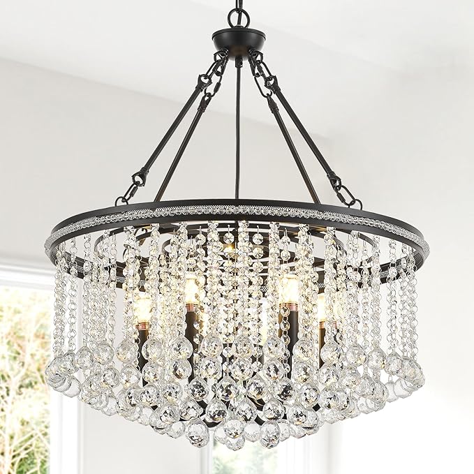 6-Light Black Crystal Chandelier Modern 21.6'' Contemporary Round Pendant Chandeliers Crystal Ball Luxury Ceiling Hanging Lighting for Living Dining Room Kitchen Island Bedroom Entryway Foyer