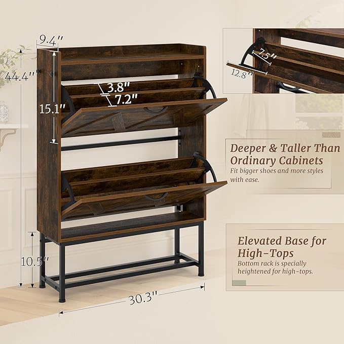 Narrow Shoe Storage Cabinet with 2 Flip Drawers & Adjustable Shelf for Entryway, Freestanding Hidden Slim Shoe Organizer Rack, Rustic Brown