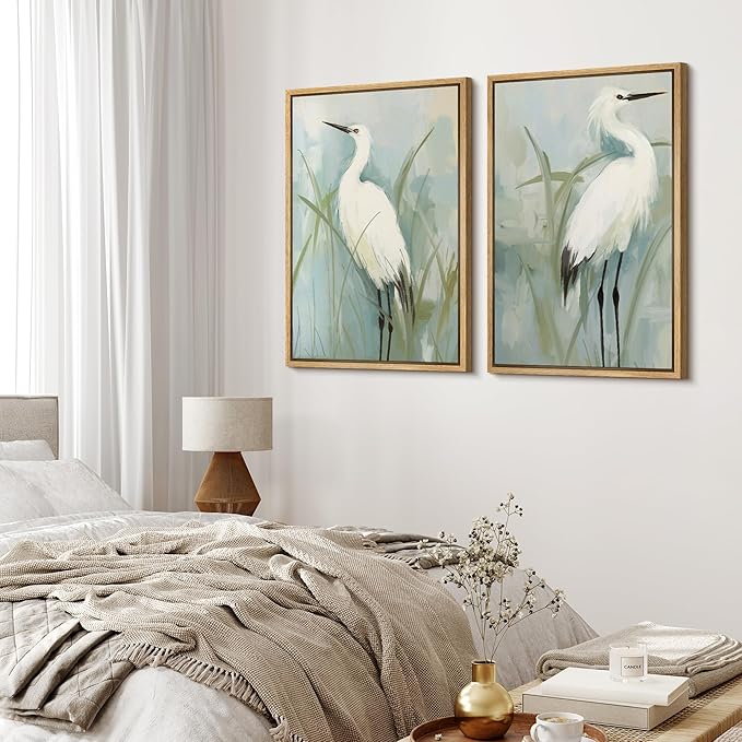 MUDECOR Framed Canvas Print Wall ArtWhite Heron Pair in Marsh Coastal Illustrations Modern Art Decorative Bohemian Colorful for Living Room, Bedroom, Office - 16"x24"x2 Natural