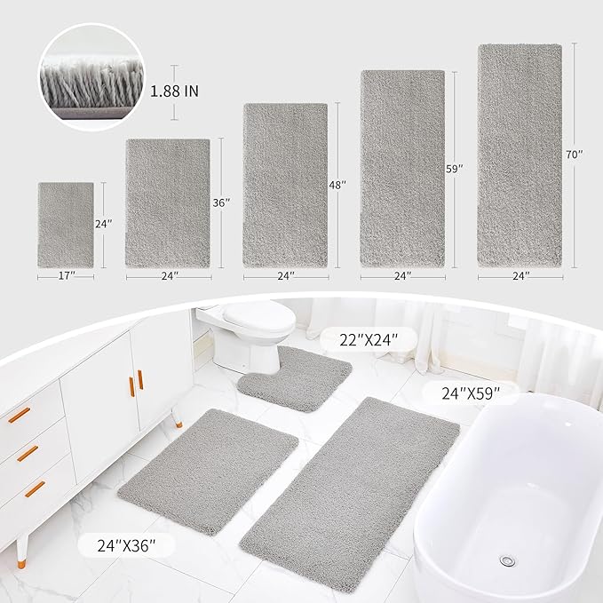 Gray Bathroom Runner Rug 24x70 Non Slip Fluffy Long Bath Mat for Bathroom Floor Washable Plush Luxury Bath Rug for Tub Absorbent Shower Sink Mat Bedside Rug