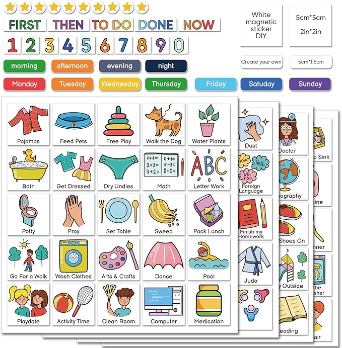 Magnetic Visual Schedule for Kids – Daily Routine & Chore Chart with 100+ Picture Magnets for Toddlers, Autism & ADHD, for Home Use, Morning and Bedtime Routines
