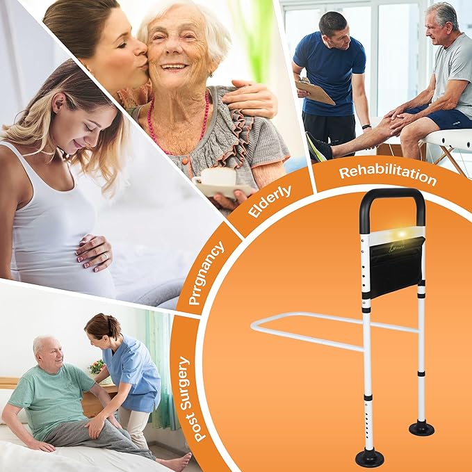 Bed Rails for Elderly Adults Safety, ASTM Safety Approved Adjustable Bed Assist Rail for Seniors, 400lb Weight Capacity, with LED Light & Storage Pocket & Fixing Strap,Fit King/Queen/Full/Twin Bed