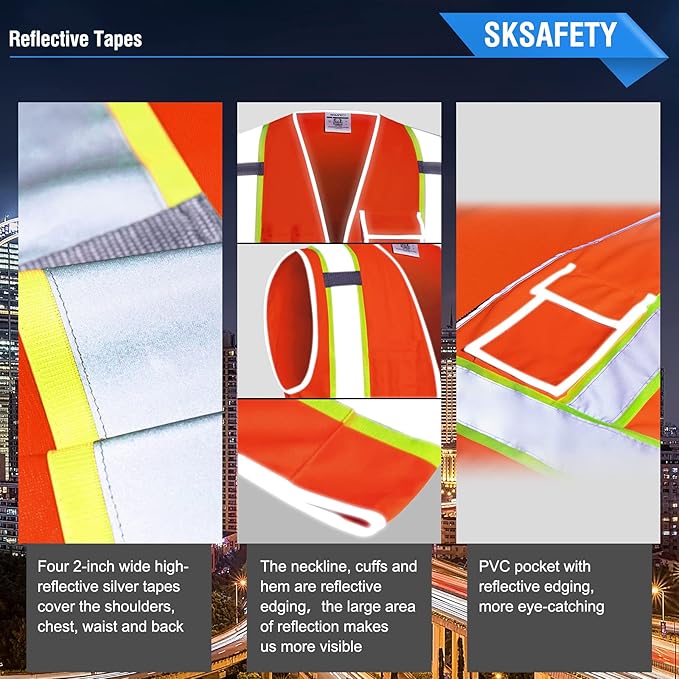 SKSAFETY 10 Pockets Safety Vest, Class 2 High Visibility Security with Zipper, Hi Vis Vest with Reflective Strips, ANSI/ISEA Standard, Construction Work Vest for Men ＆ Women （Orange, 3XL）