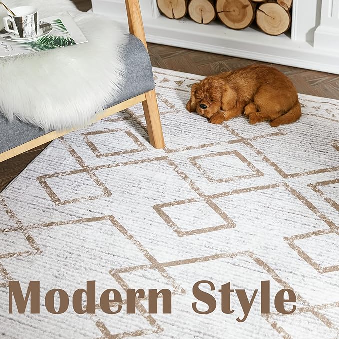 jinchan Hallway Runner Rug 3x8 - Moroccan Kitchen Machine Washable Runner Rug Modern Geometric Soft Faux Wool Ultra-Thin Low-Pile Non-Slip Carpet for Laundry Room Bedroom Farmhouse (3x8ft, Taupe)
