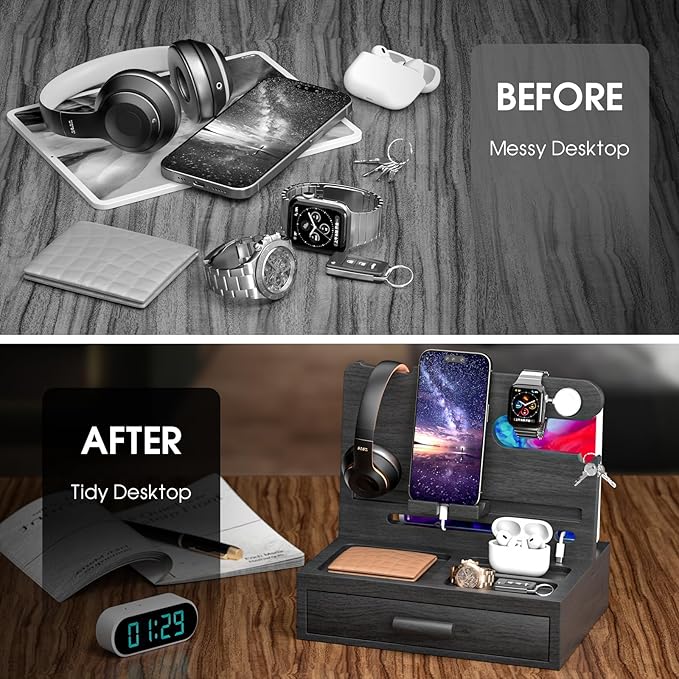 melafa365 Bamboo Nightstand Organizer for Men, Phone Docking Station with Cable Management, Drawer, Bedside Organizer for Watches, Keys, Wallets, Black