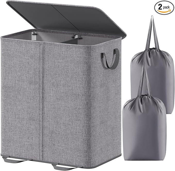 Lifewit Double Laundry Hamper with Lid and Removable Laundry Bags, Large Collapsible 2 Dividers Dirty Clothes Basket with Handles for Bedroom, Laundry Room, Closet, Bathroom, College, 155L Grey
