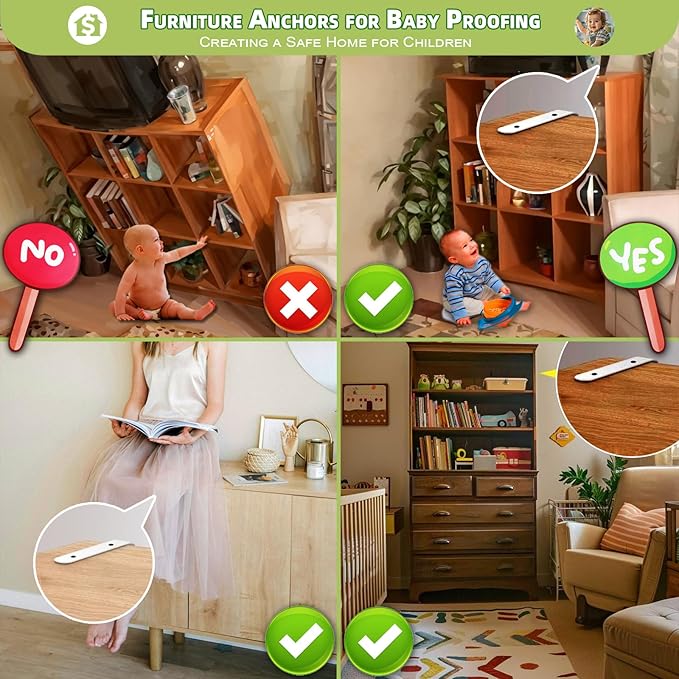Furniture Anchors, Anti Tip Wall Anchors for Baby Proofing, Cabinet Safety Locks, Prevent Falling Furniture (4 Items)