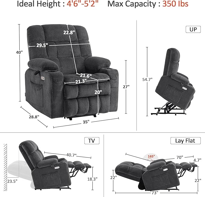 MCombo Dual Motor Power Lift Recliner Chair for Elderly, Lay Flat Lift Chair with Heat and Massage, Petite Lift Chair, Cup Holders, USB A&C Ports, Fabric 7893 (Small, Dark Gray)