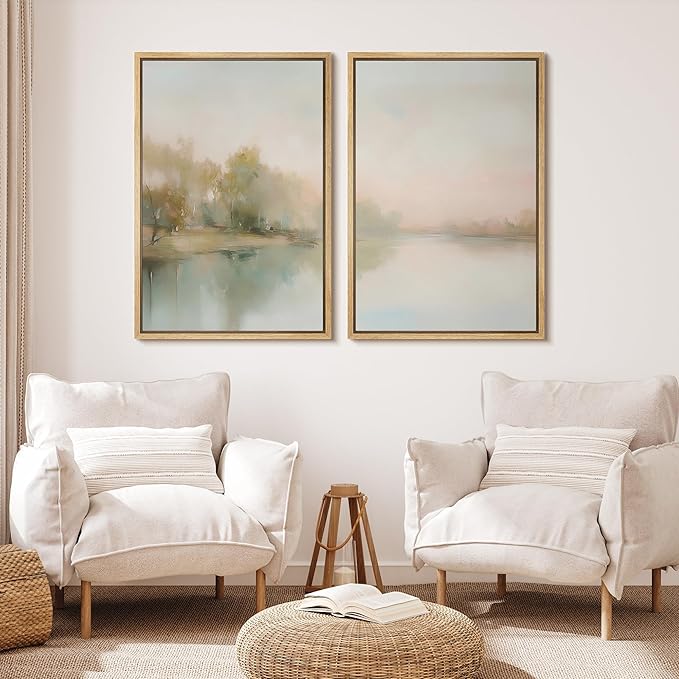 MUDECOR Framed Canvas Print Wall Art Tranquil Reflection Serene River Landscape Illustrations Modern Art Decorative Bohemian Chic for Living Room, Bedroom, Office - 24"x36"x2 Natural