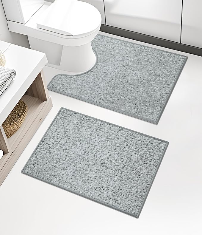 chakme 2 Piece Bathroom Rug Set, Ultra Thin Bath Mat, Quick Dry, Absorbent, Non Slip, Machine Washable, Light Grey, 17" x 24"