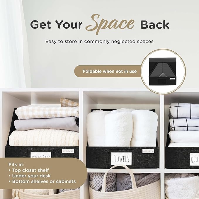 Trapezoid Closet Bins for Shelves – 12x12x10 Fabric Storage Baskets, Collapsible Organizer Boxes for Bedroom, Jeans, Sweaters– Black, 3 Pack