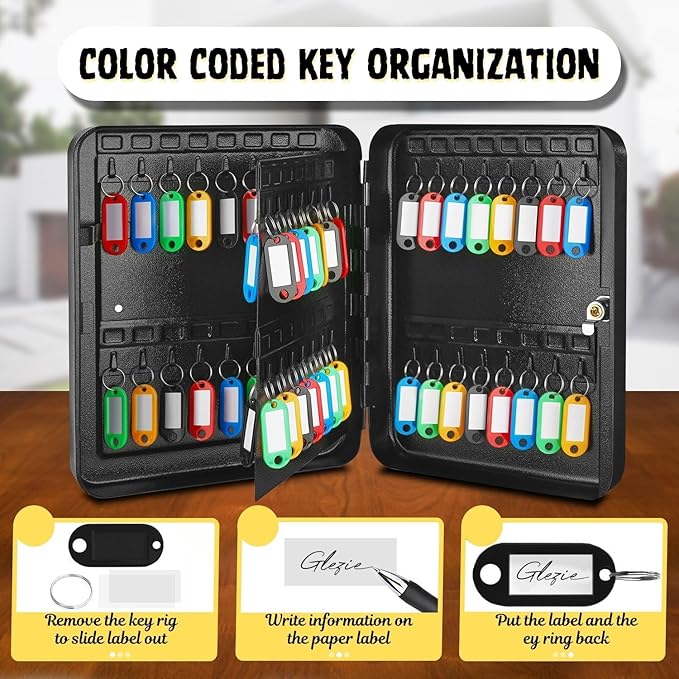 Flexzion Key Cabinet Key Lock Box Wall Mount with 60 Key Holder Organizer Locker Case, Colored Key Tags & Hooks Wall Mounted Lock Box for Keys Storage, Homes, Property, Hotels, Business (Black)