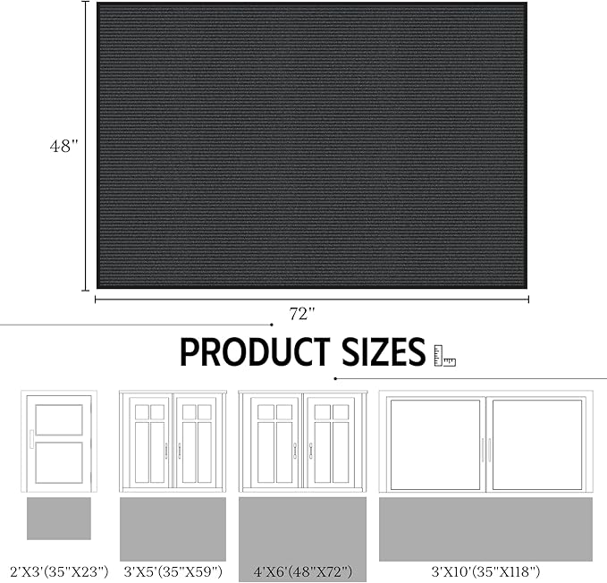 Front Door Mat 4' x 6', Heavy Duty Door Mat Outside Entrance, Non-Slip Welcome Mat, Muddy Mats for Indoor Outdoor, Absorbent & Resist Dirt Entry Mat, Low Profile Commercial Floor Mat, Grey