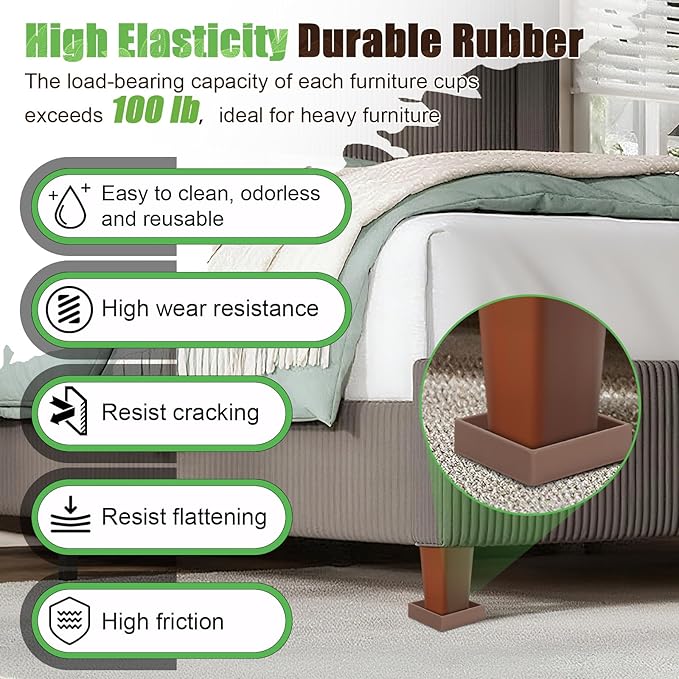 xxxHOLIC Non Slip Furniture Pads, 2” x 2” Brown Square, Set of 4, Anti Skid Furniture Feet Coasters, Rubber Grippers for Hardwood Floors, Bed Couch Stoppers to Prevent Sliding and Floor Scratches