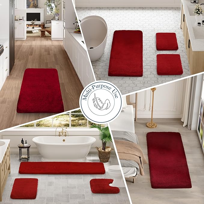Walensee Shaggy Bath Mat (24 x 60, Red) - Luxury Machine Washable Microfiber Rug with Extra Soft, Absorbent Pile and Non-Slip Backing for Bathroom Floor