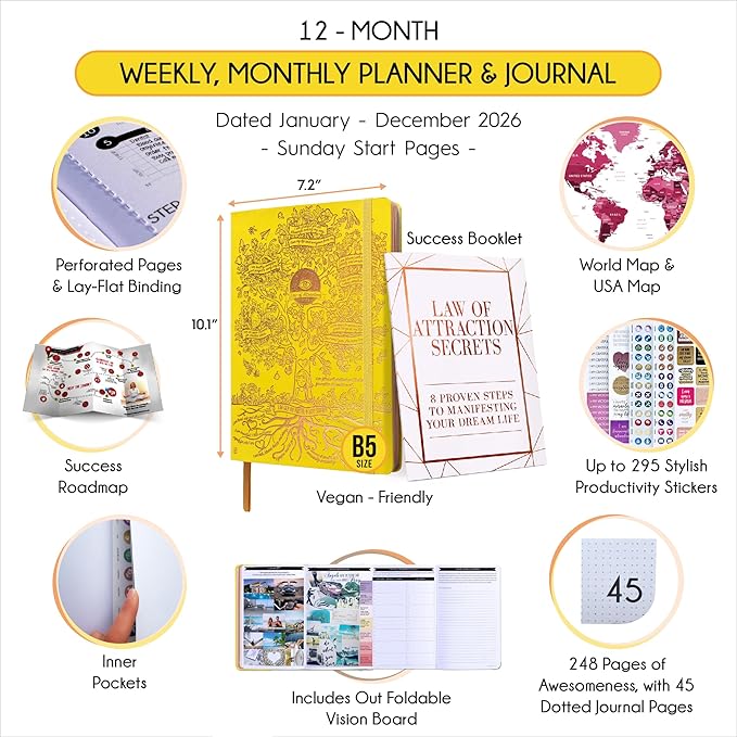 Deluxe 2026 Planner Weekly and Monthly | Law of Attraction Planner with Productivity App | 12-Month for Productivity, Gratitude & Goal Setting | Includes Foldable Vision Board, Gift Box & Stickers