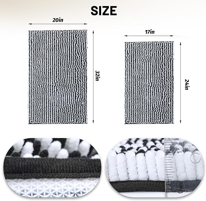 Ultra-Soft Bathroom Rug Set, 2-Piece – Absorbent, Non-Slip, Machine Washable Bath Mats for Bathroom, Shower, Sink, Kitchen （20" x 32" + 17" x 24"） Black White