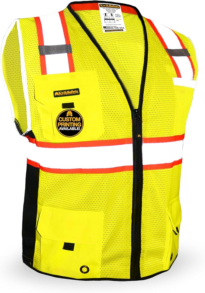 KwikSafety - Charlotte, NC - BIG KAHUNA Safety Vest [11 Pockets] Class 2 ANSI OSHA Reflective Vest Durable High Visibility Vest Construction Safety Vest for Men Industrial Work Gear/Yellow Medium