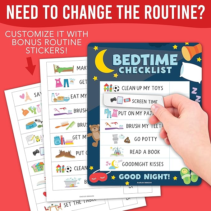 Magnetic Morning & Bedtime Routine Chart for Kids - Customizable Toddler Daily Schedule Board with Dry Erase Surface, Stickers & Marker, Build Habits with Visual Checklists, Colorful Doodle Theme