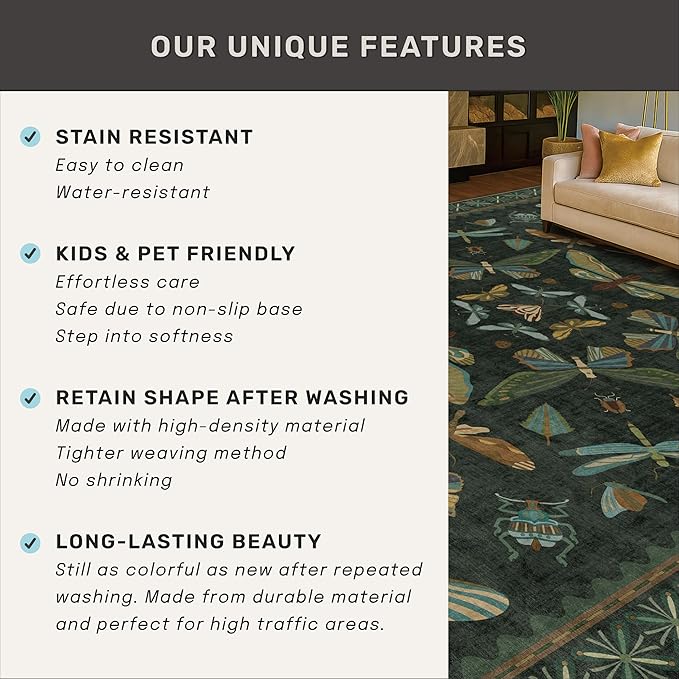 Green Living Room Rug - Vintage Washable Dark Green 10x14 Rug for Dining Room Under Table, Bedroom, Insect Moth Floral Design, Non-Slip Soft Low Pile