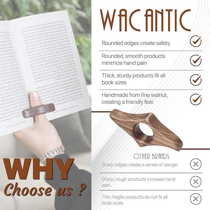 Walnut Book Page Holder, Smooth Finish Wood Book Holder for Reading, Ideal Book Reader Gifts & Reading Accessories,Book Worm Gifts for Women, Thumb Book Page Holder (Mini), Brown