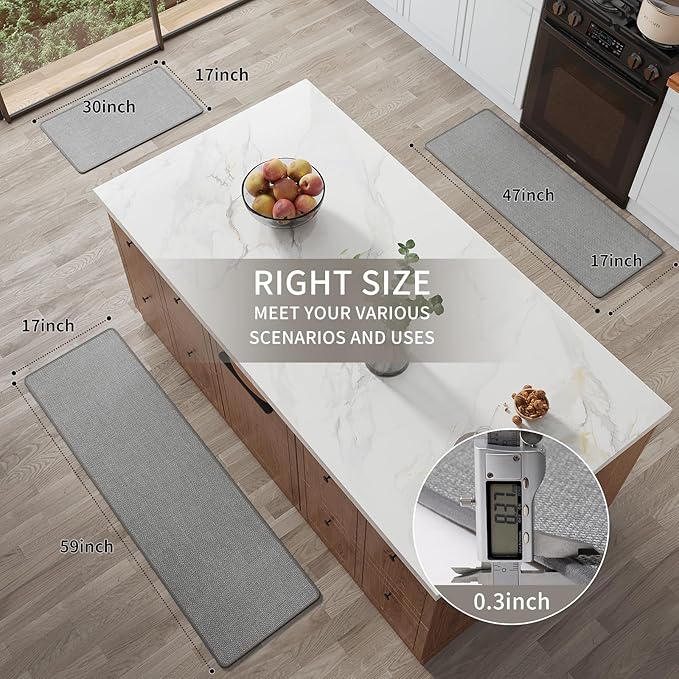 Kitchen Runner Rugs Non Slip Washable, Linen-Like 0.3" Thick Cushioned Absorbent Kitchen Mats for Floor, Mild Anti-Fatigue Long Sink Floor Mat Laundry Standing Mat, Easy Clean, Gray 17"x59"