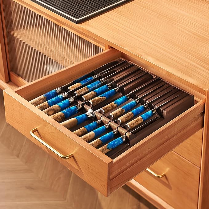 SENKEN In-Drawer Knife Block, Natural Acacia Wood Kitchen Knife Drawer Organizer, Holds 16 Knives + 1 Sharpener Slot for 17 Total Slots, Includes Steak Knife Slots, Space Saving Knife Storage Solution