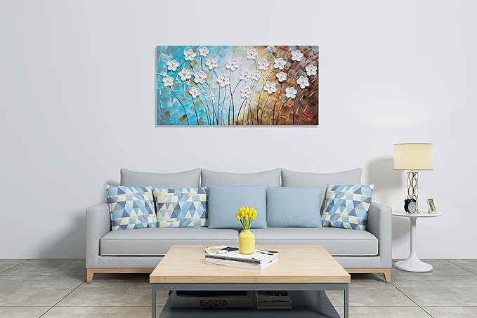 YHSKY ARTS Artisan Crafted Three Dimensional White Floral Relief Wall Decor, Abstract Botanical Canvas Artwork forLiving Room Bedroom Decor