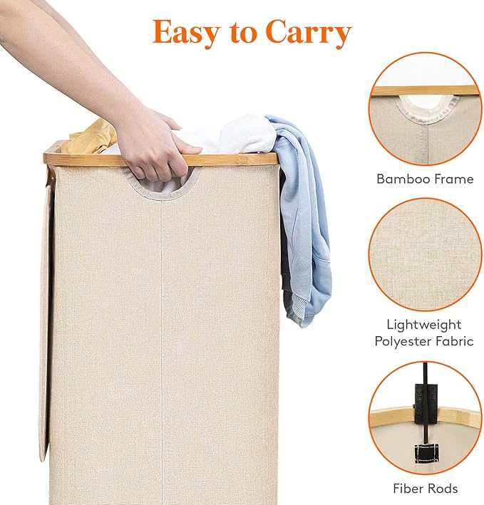 Lifewit 80L Laundry Basket with Lid, Clothes Hampers for Laundry with Bamboo Handles and A Removable Laundry Bag, Large Foldable Laundry Hamper for Bedroom, Bathroom, Dorm, Laundry Room, Beige