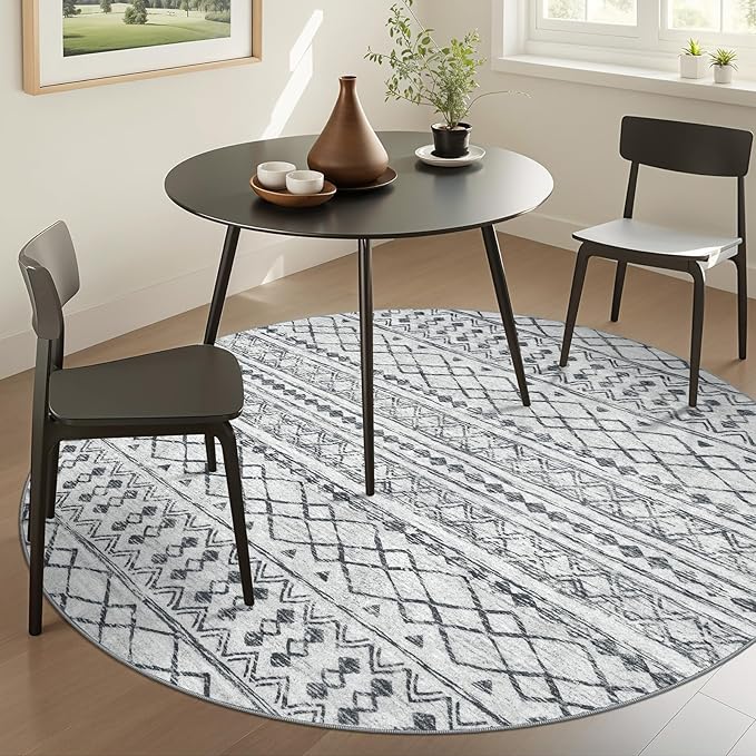KUTA Boho Round Area Rugs 6Ft Grey Moroccan Circle Washable Rug Non-Slip, Soft Distressed Geometric Low-Pile Throw Carpet for Living Room Bedroom Nursery Dorm Decor
