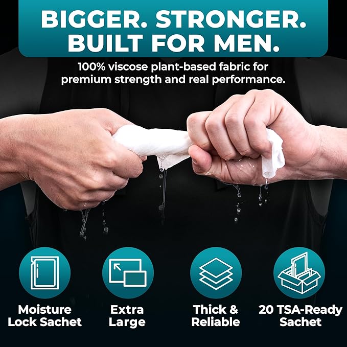 Dura Cleanse Travel Body Wipes -Maximum Cleaning Power (Ultra Clean) - 20 Count, XL 10”x10” Individually Wrapped No-Rinse Shower Wipes for Men & Adults, Gym, Work, Camping & Travel