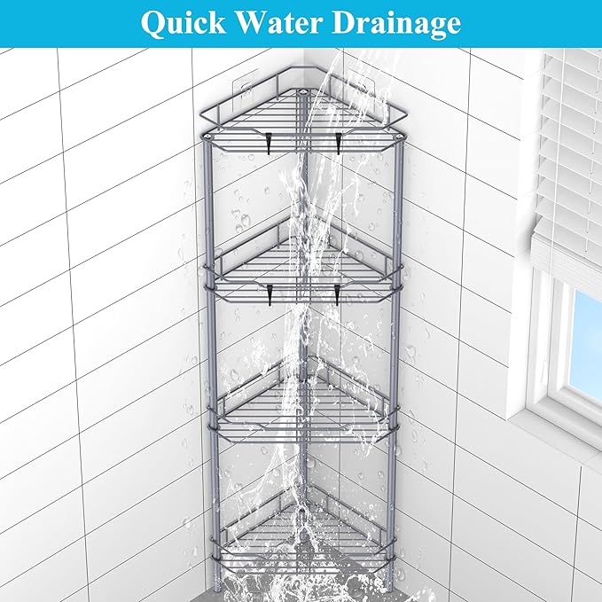 4 Tier Floor Standing Corner Shower Caddy Organizer Shelf with Hooks, Bathroom Shelves Stand Rack, Dark Gray