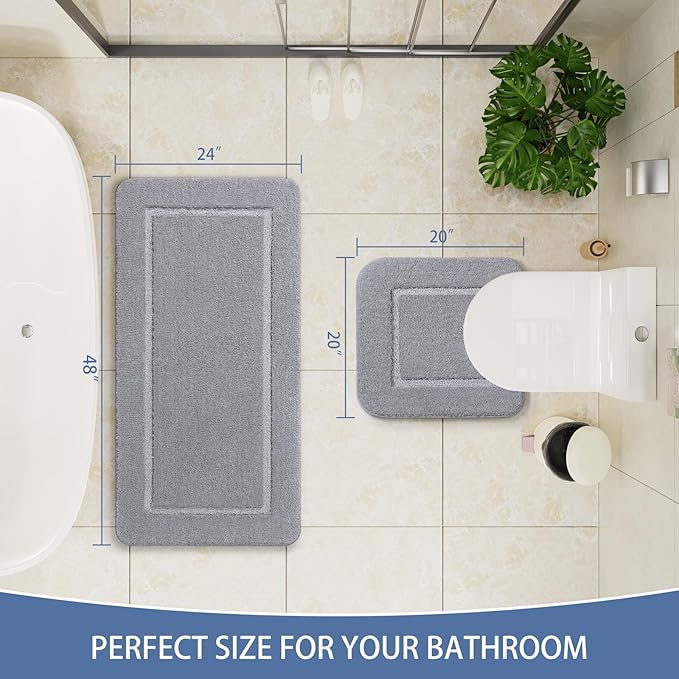 LOCHAS Bathroom Rug Set Light Grey, Soft Bath Rug Set 2 Piece Set, Toilet Mat U-Shaped 20x20 and 24x48 Bath Rugs, Quickly Dry Mats for Bathroom, Tub, Washable, Super Absorbent Floor Mat