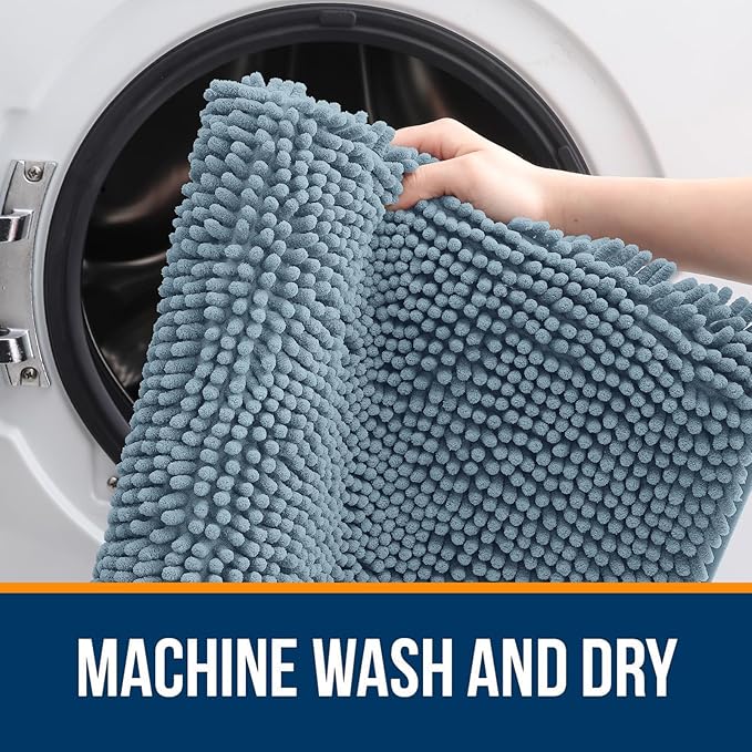 OLANLY Bathroom Rugs Sets 2 Piece, Soft Absorbent Chenille Bath Mats and U-Shaped Contour Toilet Mat Area Rug Set, Machine Washable Bath Carpet, Home Decor Accessories(24"x16"+24"x20", Airy Blue)