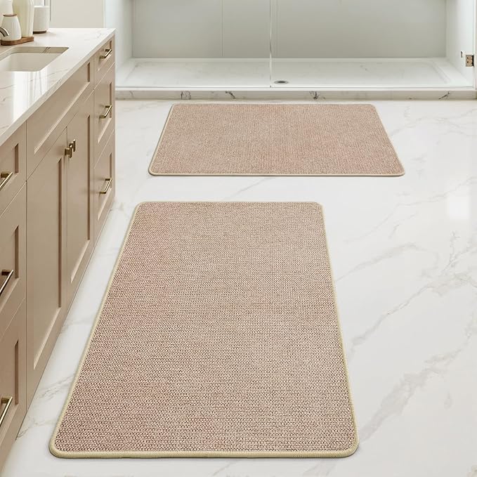MIULEE Set of 2 Ultra Thin Bathroom Rugs, Rubber Bath Mats for Bathroom Non Slip, Quick Dry Absorbent Bath Rug Machine Washable, Fit Under Door, Shower, Sink, Home Decor, Beige, 20x32 Inch