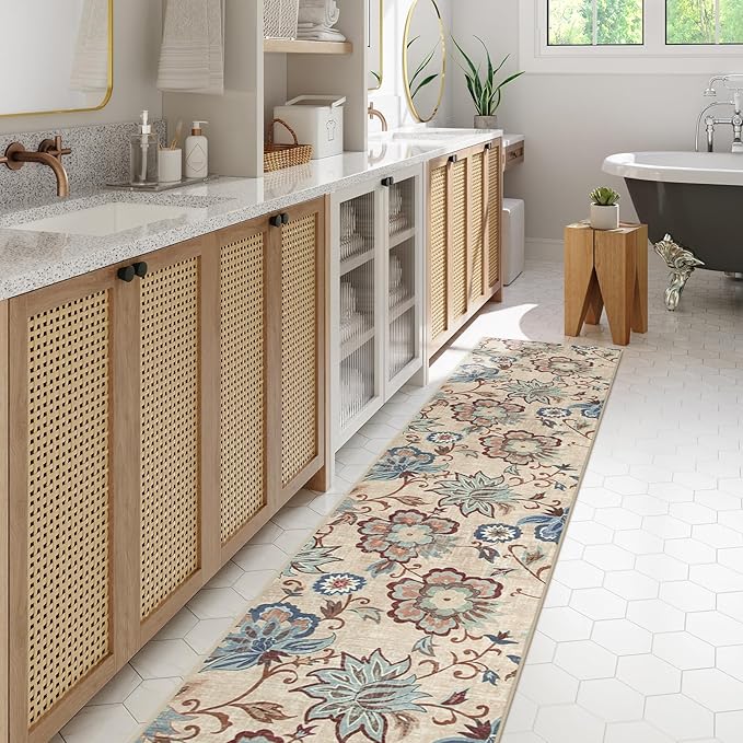 Beeiva Floral Kitchen Runner Rug Washable, 2.5x10 Vintage Runner Rug Ultra Thin Kitchen Rugs Non Slip, Paisley Foldable Beige Rug Stair Runner Carpet for Laundry Room Entryway