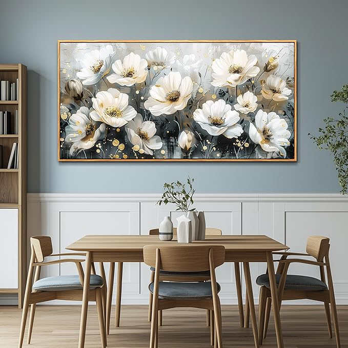 PHAOHUAXM Large Canvas Wall Decor For Living Room Wall Art For Bedroom Office Wall Decorations Print White Ink-Wash Flower-Shaped Wooden Frame Printed Artworks Posters Picture Home Decor 30"X60"
