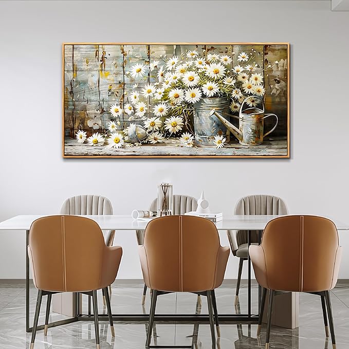 PHAOHUAXM Large Canvas Wall Art For Living Room Wall Decoration Printing Artwork Retro White Flower Dining Room Bedroom Bathroom Kitchen Wall Painting Home Decoration Wood Frame Aesthetics 24x48 In