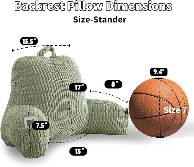 Reading Pillow for Sitting in Bed, Large Backrest Reading Pillow with Arm Rest,Back-Rest Support Cushion for Sit Up on Couch, Sofa, and Floor, Dorm Essentials (Green Corduroy, Standard(17"))