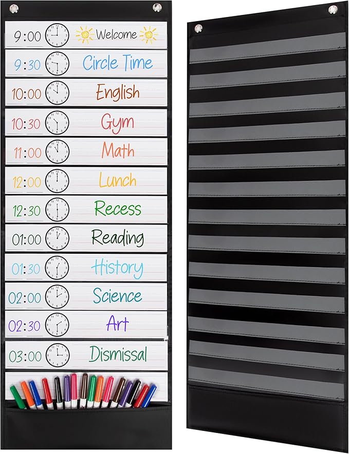 Essex Wares - 13 Pocket Daily Schedule Pocket Chart, Ultra-Durable Visual Schedule for Kids - Easy to Use, Reusable Daily Schedule for Kids - Reversible Chart for Sentence Strips