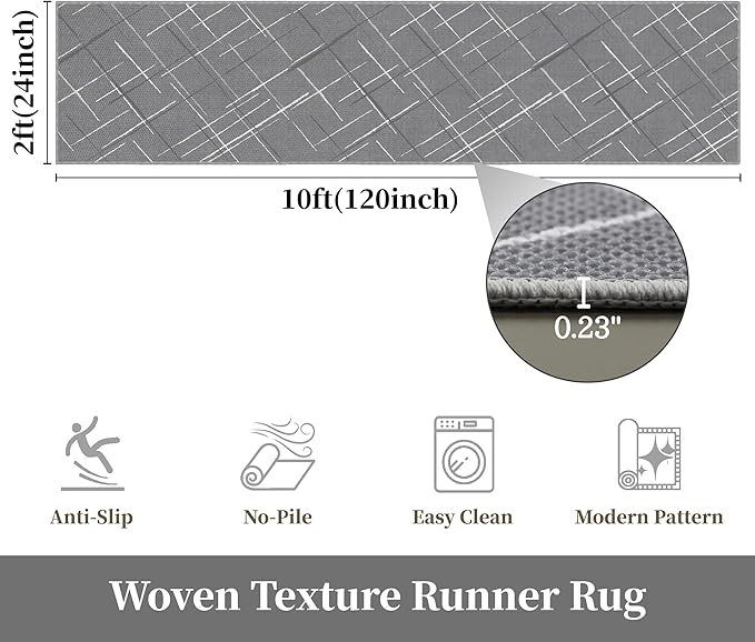 Gray Runner Rug Ultra Non-Slip 2x10 Long Hallway Rugs Washable Modern Tear and Stain Resistance No Pile Lightweight Modern Rug Runners for Entryway, Kitchen, Walkway, Entrance, Gray