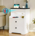 Night Stand with Charging Station,Bedside Table with 2 Drawers,Farmhouse End Table and Nightstand,Small Side Table for Bedroom,Living Room (White-Magnetic Locking, 1-Pcs)