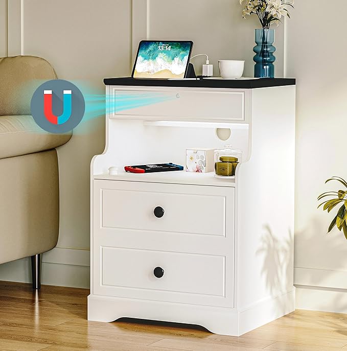 2Pcs Night Stand with Charging Station,Bedside Table with 2 Drawers,Farmhouse End Table and Nightstand,Small Side Table for Bedroom,Living Room